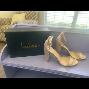 Champagne satin ankle strap block heel